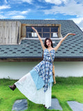 Design Feel Waist Thin Splicing Irregular Skirt Blue Tie Sling Dress Women's Summer