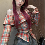 Pure Lotus Leaf Side Collar Plaid Shirt Long-Sleeved T-Shirt Girl Spring Autumn Short Hottie Shirt