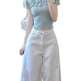 White Textured Wide-Legged Jeans Women's Autumn Thin High-Waist Loose-Fitting Taut Trousers