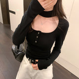 Sweet And Spicy Short-Sleeved T-Shirt Girl Autumn And Winter Repair Hob Hanging Neck Pure Want Plus Velvet Knitting Shirt Bottom Inside The Top