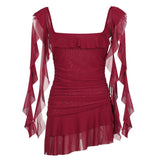 2026 Lotus Leaf Tie With Red Dress Summer Thin Mesh Style Thousands Of Folded Belt Sling Skirts