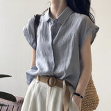 2026 Summer High-End Blue Short-Sleeved Shirt Women's Summer Commute Wearing Shirt Small Sleeveless Sleeveless Top Sense