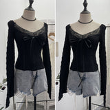 Real Shooting Merard Wind Strapted Bow Splicing Lace Pure Desire Blouse Folding Body Short Blouse 6015