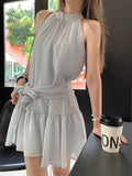 French Hanging Neck Sleeveless Blue Dress Women's Summer Design Feeling Bow Strap A Skirt Black Skirt