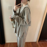 Autumn And Winter New Knitted Top Shawl Broad Leg Pants Three-Piece Temperament Loose High-End Lazy Sweater Set