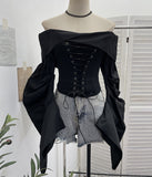 Vintage Shoulder Camouflage Long Sleeve Splicing Rope Tie With Waist Shirt Folded Top 2767