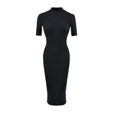 Simple High-End Temperament Half-High-Necked Mid-Sleeve Dress Woman Body Bottom After The Fork Bag Dress