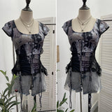 Heavy Industrial Lace Splicing Elastic Print With Bow Short-Sleeved T-Shirt 6185