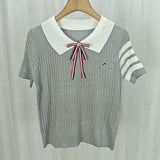 Small Fragrant Temperament Bow Embroidery Clamic College Wind Reduction Jab Knitted Short-Sleeved T-Shirt Women's Tide Top
