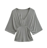 Bat Long-Sleeved Deep V-Neck T-Baender 2026 Summer New Hot Girl Windy Loose Waist Wrinkled Folding Top