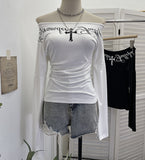 Vintage Cross Letter Print Slanted Shoulder Long-Sleeved T-Shirt T-Shirt Repair Babes Top 1633