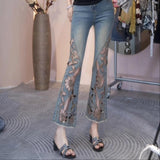2026 Summer New Fashion Hollow Embroidery Hot Jeans Women's Heavy Industry High Waist Repair Nine Small Trousers