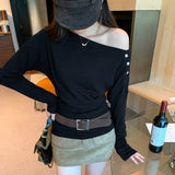 This Year's Popular High-End Feeling Button Inclined Shoulder Long-Sleeved T-Shirt Woman 2025 New Early Autumn Chic Chic Dew Shoulder