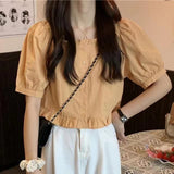 2025 Lotus Leaf Side Short-Sleeved Shirt Women High Waist Can Be Sweet Bubble Sleeve Fresh Leaf Side Shirt