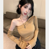 2025 Autumn And Winter New T-Shirt Offensive Slanted Short-Edose Blouse Korean Version Of Hottie Solid Color Long-Sleeved Bottom Shirt Woman