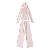 Korean Small Man Standing Thin Hooded Zipper Coat + Loose Feeling Loose Draw Rope Broad Leg Trousers Two Sets Of Women