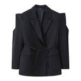BSK&TRAF Women's Clothing 2025 Autumn New French Fashion Pocket Belt Bandwidth Shoulder Suit Jacket