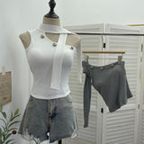 Real Shooting Hanging Neck Small Sling Vest Outside Wearing Brooch Knitting Elastic Shoulder Ribbon Hottie Top 1052