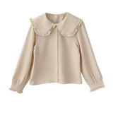 College Style Sweet Doll Collar Splicing Wooden Ear Lace Waffle Long-Sleeved Shirt Top Female Loose Type