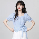 French Blue Collar Plaid Shirt Women's Summer 2026 Summer New Bubble Sleeves With Shirt Short Top