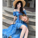 French Temperament Seaside Resort Dress Women's Summer 2025 New Blue Floral Irregular Design Long Dress