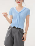 Grey Ribbon Strap Ice Silk Short-Sleeved Knitted Shirt Summer 2025 New Body-Cuff Hollow Shirt Solid Color Top