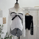 Real Shooting Babes V-Neck Lace Lace Splicing Belt Long Sleeve Design Irregular Short Bottom Top 2752