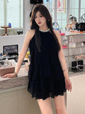 Pearl Hanging Neck Dress Dress Female Summer Light Luxury Birthday Dress Thousand Gold Temperament Two Sets Of Small Black Dress