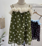 Real Shooting Holiday Storm Point Print Sling Vest Loose Doll Shirt Bumping Wood Ear Lace Sleeveless Top 656