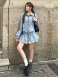 French Blue Striped Long-Sleeved Shirt Dress Women's Early Autumn High-End Feel Waist Shirt Temperament Polo Collar Top