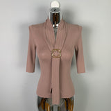 Belt Ribbon Design Seven-Sleeve Top To Slim Thin Knitted Women's Metal Buckle Summer New Short-Sleeved South Korea