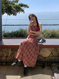 Red Lattice Dress Niche Hanging Neck Sling Skirt Girl Summer Bare Back Strap A Skirt Temperament Seaside Dress