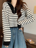 Autumn And Winter Languid Soft-Crelenting Short-Sleeved Knitted Shirt Half-Zip Striped Collar Sweater