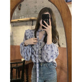 French Shirt Women's Top Single Row Buckle Lotus Leaf Side Printing Tie With Tie Neckline Women's Broken Flowers French Lazy