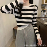 Round Collar Hooded Striped Long-Sleeved Knitted Shirt Women's Autumn And Winter Women's New Slimming Inside And Bottom Shirt Top