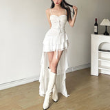 Seaside Holiday White Mesh Yarn Tailing Lotus Side Sling Dress Niche Design French Temperament Skirt Summer