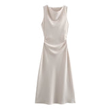 BSK&TRAF Women's Clothing 2026 Summer New Fashion Silk Hyssin Texture To The Waist Of The Fan Flute Dress 8372090