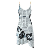 Autumn And Winter New Irregular Pendulum Newspaper Print Sling Skirt Dress
