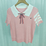 Small Fragrant Temperament Bow Embroidery Clamic College Wind Reduction Jab Knitted Short-Sleeved T-Shirt Women's Tide Top