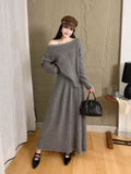 One-Word Shoulder Knitted Suit Women's Autumn Winter New Design Nail Bead Sweater Bottom Shirt Half Skirt Two Sets