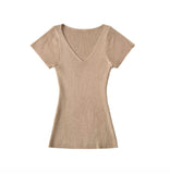 Basic V-Neck Knitted Women 2026 Summer New Hot Girls Slim Slimmed Short-Sleeved Bottom Shirt