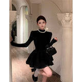 Hepburn Small Black Dress Half-High Collar Long-Sleeved Dress 2025 New Waist-On-Coat Dress Women's Black Fluffy Skirt