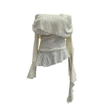 The Ballet Style Shoulder Fold Texture Texture Coat Irregularly Ribbon Horn Sleeve Short Shirt 1158