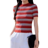 Korean Version Of The Half-High-Necked Striped Knitted Short-Sleeved Woman 2026 Spring And Summer New Burst Bare Waist Short Small Clothes