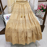 South Korea 2025 Spring Heavy Industry Lace Dress Women High-Waist Splicing Hook Fairy Big Swing A Word Mid-Long Skirt Summer