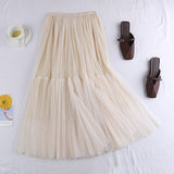 Hundred Folded Net Dress New Pure Color Bottom Skirt Small Fresh Medium And Long Skirt Big Swing Pony Skirt