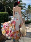 Tea Break French Pure Lust Colorful Broken Flower Sling Strap High-Waisted Holiday Dress Bohemia Seaside Dress