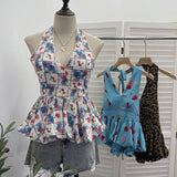 Real-Patting Collared With Chest Pad Sling Vest For Women's Summer Vintage Check-In Skirts With Sleeveless Top 9355
