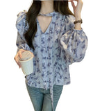 French Shirt Women's Top Single Row Buckle Lotus Leaf Side Printing Tie With Tie Neckline Women's Broken Flowers French Lazy
