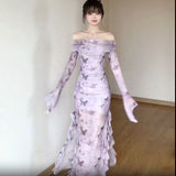 New Chinese-Style Shoulder Mesh Yarn Long-Sleeved Dress Women's Summer Sexy Body-Bown-Bsteel Dress Cheongsam Dress